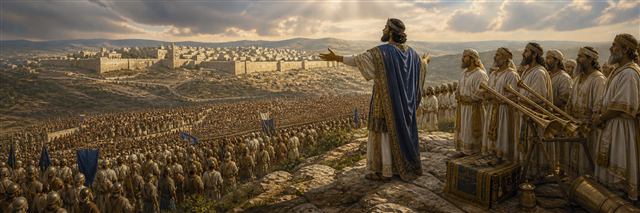 King Abijah speaking from a ridge with priests and sacred trumpets before the opposing armies